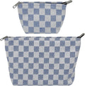 fahombag 2 Pcs Checkered Makeup Bag Set Canvas Cosmetic Pouch for Women Large & Small Cute Preppy Aesthetic Travel Toiletry Pouch Organizer for Purse Skincare Brushes, Blue And White