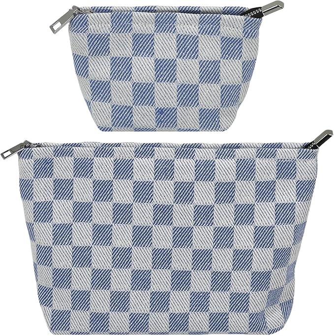 fahombag 2 Pcs Checkered Makeup Bag Set Canvas Cosmetic Pouch for Women Large & Small Cute Preppy Aesthetic Travel Toiletry Pouch Organizer for Purse Skincare Brushes, Blue And White