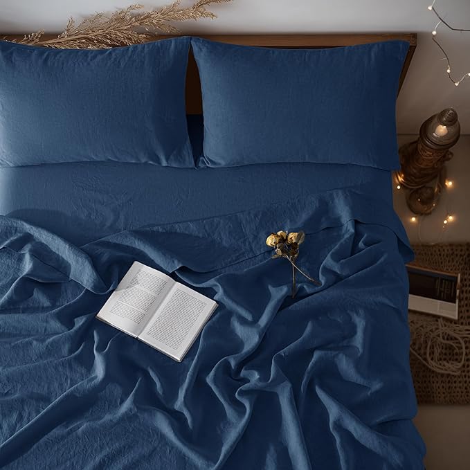 LBRO2M 100% Linen Sheet Set 16" Deep Pocket California King Size,Bed Sheets 4 Piece Sets,Solid Color Natural Flax Bed Sheets Soft Breathable Bedding,All Season (Clifornia King, Navy Blue)