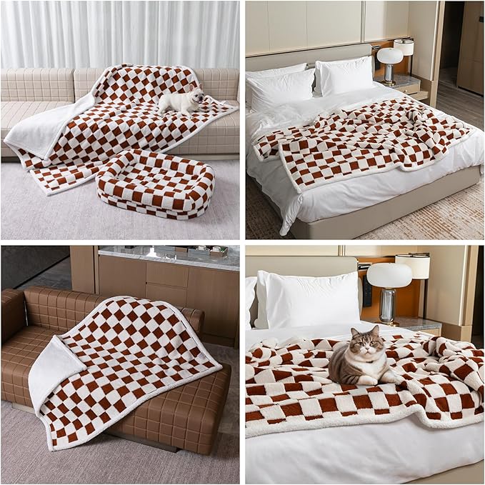 Maidewow Waterproof Pet Blanket, Brown Checked Pets Throw Blankets for Dog Bed Covers Couch Sofa Stylish Jacquard for Puppy Cats Washable Reversible Furniture Protection Covers (Coffee Check,M)