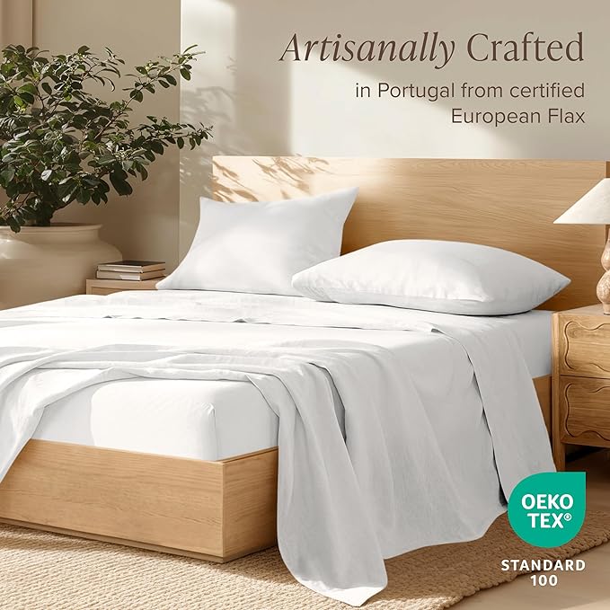 Bare Home Queen Sheet Set - Luxury 100% Linen Bed Sheets - Deep Pockets - Easy Fit - 4 Piece Set - Bedding Sheets & Pillowcases (Queen, Soft White)