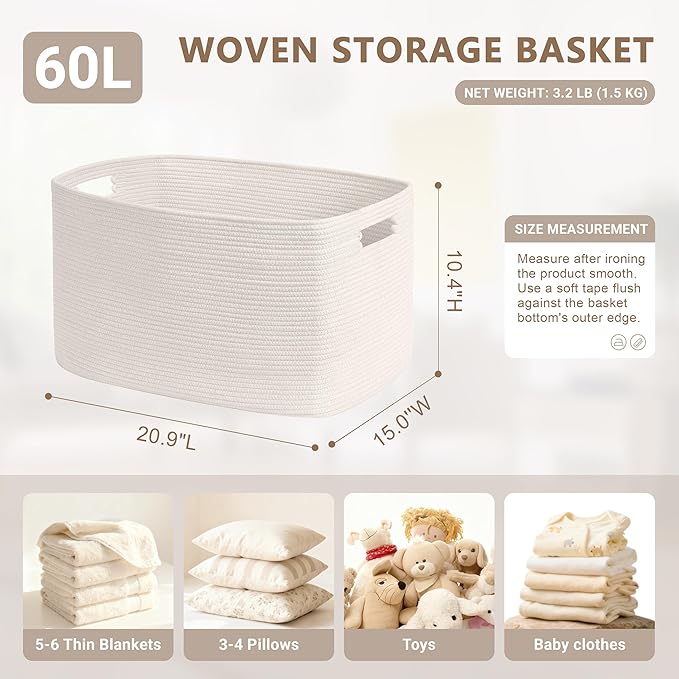 SunNewt 60L Small Baby Girls Laundry Basket for Nursery Storage,Cute Woven cotton Rope Baskets for Kids Toy，Gifts,Boho Square Wicker Blanket hamper for Living Room,Bedroom Dirty Clothes, White