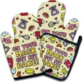 Funny Baking Oven Mitts and Pot Holders Set of 3, On Your Mark Get Set Bake, Heat Resistant Non-Slip Kitchen Mitts Hot Pads, Bake Lovers Gifts, Housewarming Gifts for Women Hostess Mom Wife