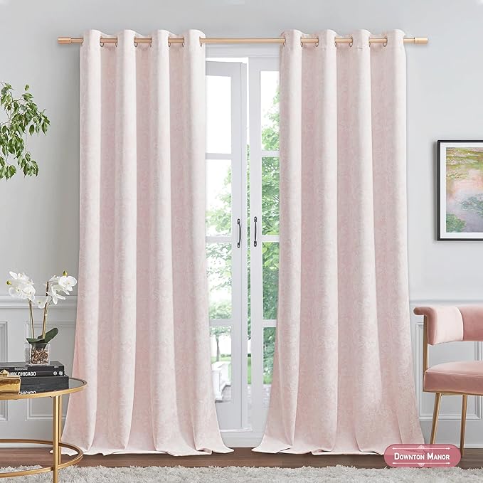 Beauoop Pink Floral Jacquard Blackout Curtains 96 Inches Long 2 Panels for Bedroom Living Room Chenille Flower Room Darkening Thermal Insulated Soundproof Grommet Window Treatments Drapes, 52x96