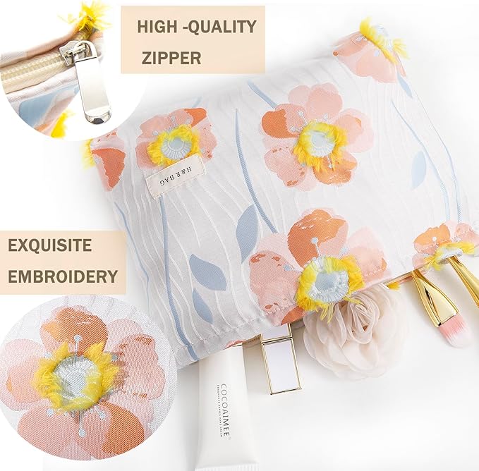 getgto 2 Pcs Makeup Bags, Large Cosmetic Bag Travel Toiletry Bag Organizer for Women, Embroidery Craft, Floral Makeup Bag Small Cosmetic Pouch Purse with Zipper Gifts for Girls Teen