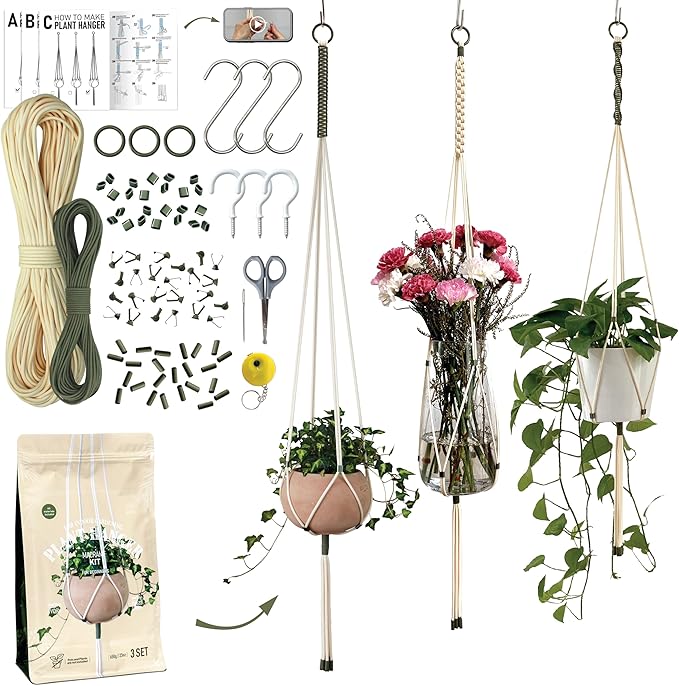 LET BE Macrame Kits for Beginners, 3 Set of Plant Hangers DIY Kit: Braided Polyester Ropes 50yds*5mm Ivory, 20yds*2mm Forest Green, 60+Pcs Supplies with Step-by-Step Easy Instructions (IVGR)