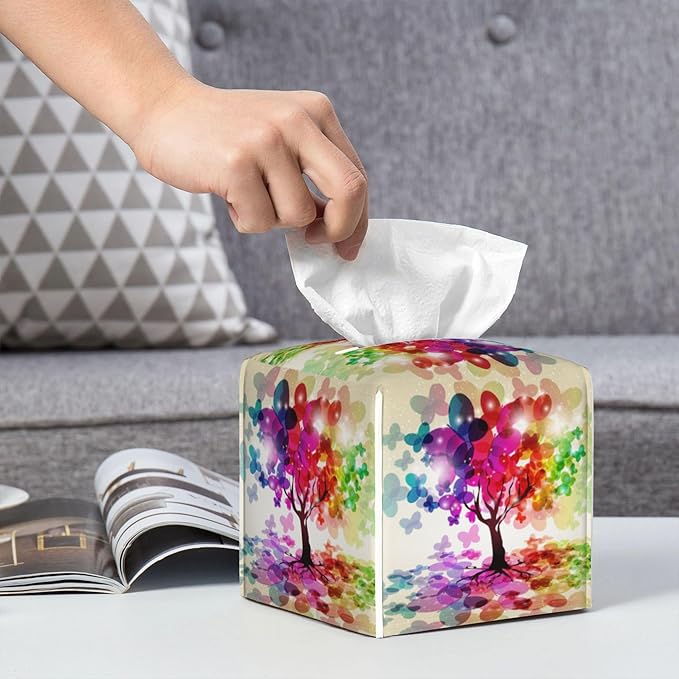 POIUBLE Colorful Tree Tissue Box Cover Leather Tissue Box Holder Square Facial Paper Organizer Dispenser for Bathroom Kitchen Bedroom Vanity Countertop Night Stands
