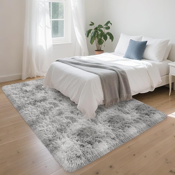 4x6 Ft Light Grey Large Area Rugs for Bedroom,Fluffy Furry Rug Floor Carpets Shaggy Playing Mat for Kids Baby Girls Room Nursery Home Decor Tie Dyed Gray Thick Rugs Fuzzy Home Decor