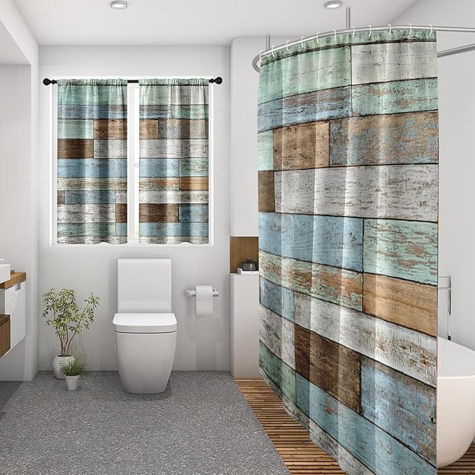 Culudea Wood Rustic Vintage Blue Brown Waffle Textured Cloth Shower Curtain Set, Farmhouse Retro Bathroom Window Waterproof Shower Curtains for Bathroom Decor