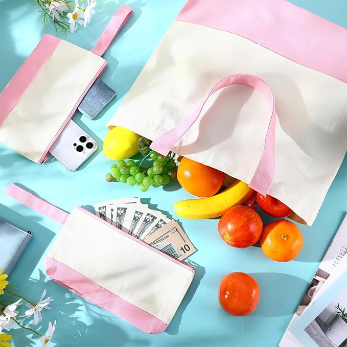 Sanwuta Canvas Tote Bags Bulk with Zipper Cosmetic Pouch 18.5" Reusable Cotton Shopping Bag with Handle for DIY Craft