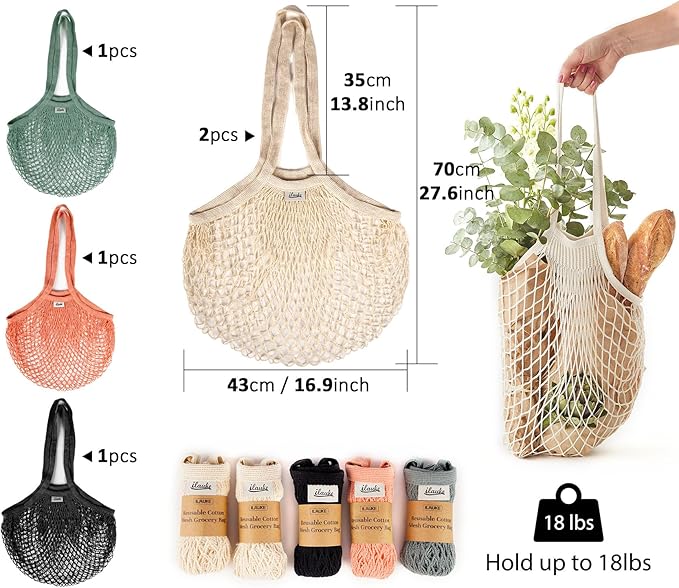 Lemonfilter Mesh Produce Bags, 5 Pack Large Reusable Mesh Grocery Bag Washable Cotton String Organizer Shopping Bags with Handle, Net Tote Bag for Vegetables Fruit Farmers Market Shopping (4 color)