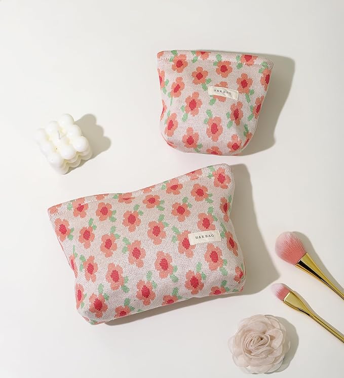 getgto 2 Pcs Makeup Bags, Large Cosmetic Bag Travel Toiletry Bag Organizer for Women, Embroidery Craft, Floral Makeup Bag Small Cosmetic Pouch Purse with Zipper Gifts for Girls Teen