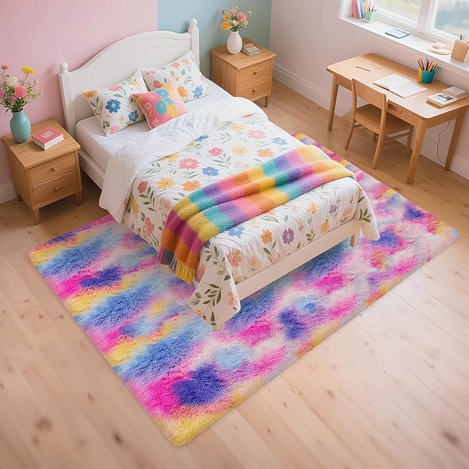 Rainbow Area Rugs 5x8 ft,Tie-Dyed Unicorn Fluffy Fuzzy Shaggy Carpet Soft Plush Furry Rug,for Bedroom Living Room Indoor Floor Rug Kids Girls Boys Home Decor Aesthetic, Dorm Nursery