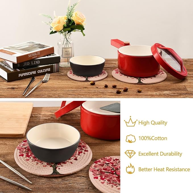 Valentine Tree Hearts Trivet Mat 2PCS Love Leaf Round Woven Potholders Kitchen Table Countertop Protector Hot Pads Farmho