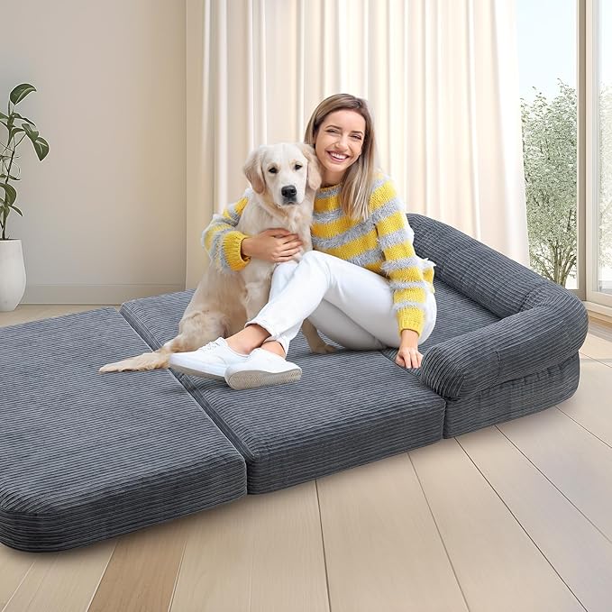 Foldable Human Dog Sofa Bed, 73x42x10 in Waterproof Corduroy Pet Bed with Egg Foam Mattress, Portable Dog Bed for Adults, Camping Indoor Use