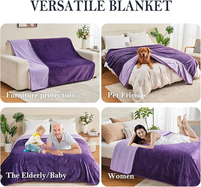 Yaning Waterproof Blanket 80"x90" for Adults, Reversible Waterproof Bed Cover for Dogs Cats Pets, Soft Leakproof Blanket for Bed Couch Sofa Furniture Protector, Dark Purple/Light Purple