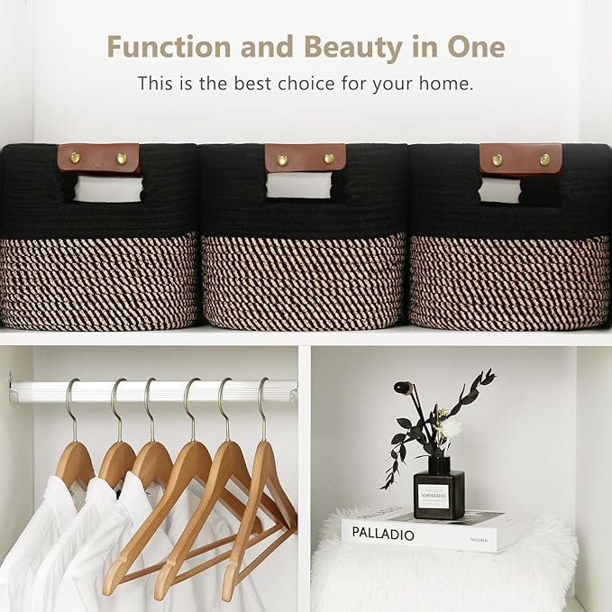 ECDYQXVU Cotton Rope Basket, Storage Baskets with Handle, 15x10x9 Inch Woven Basket for Shelves, Laundry, Towels, Clothes, Books, (Black Brown 2 Pack)