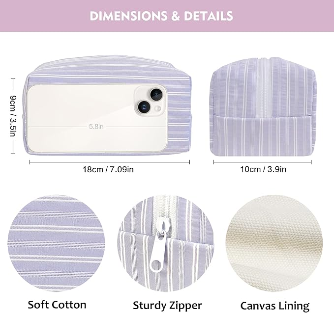 STARDW Striped Cotton Makeup Bag, Cute Cosmetic Pouch with Canvas Lining & Zipper, Travel Toiletry Bag