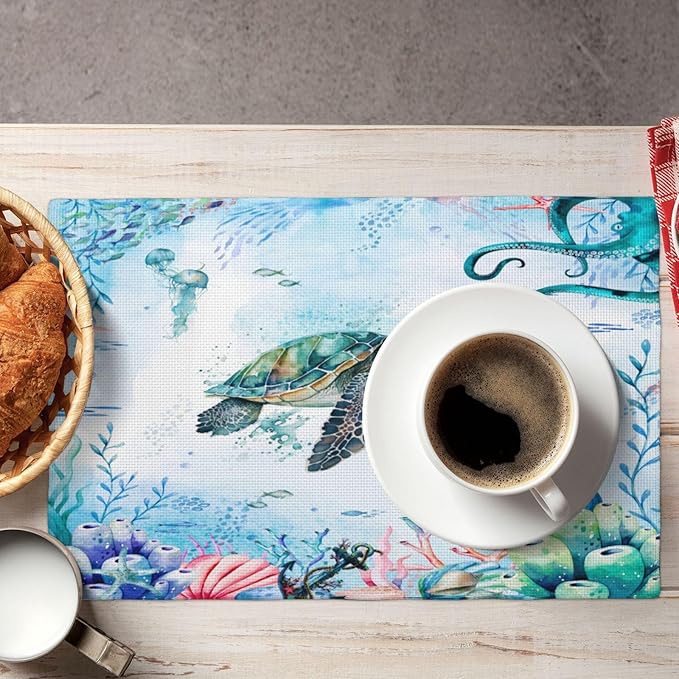 Turtle Ocean Placemats, Cartoon Blue Watercolour Ocean Coral Shell Seahorse Octopus Starfish Animal Print Washable Fabric Placemats Table Kitchen Dining Party 12x18 Inch Set of 4