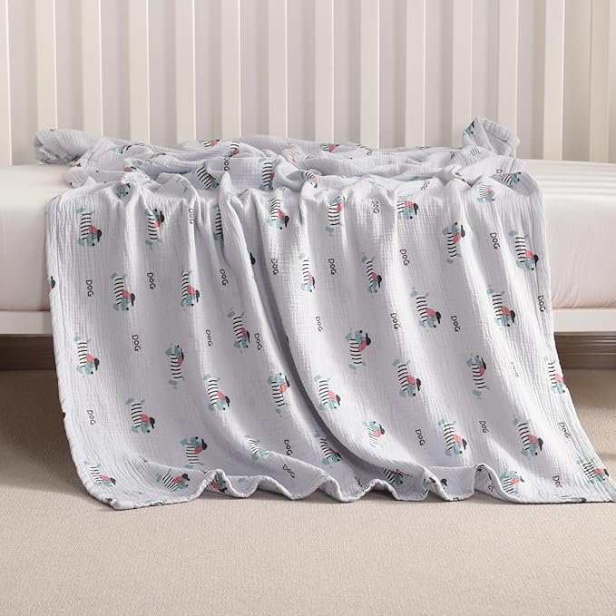 NTBAY 2 Layer Muslin Cotton Baby Swaddle Blanket, 30x40 Soft and Breathable Receiving for Newborns and Infants, Perfect for Crib, Stroller, Travel, Lightweight Nursery Blanket, Striped Dog