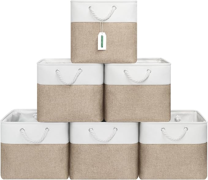 ECDYQXVU 13x13 Inch Cube Storage Bins with Reinforced Bottom Cardboard, 6 Pack Large Foldable Fabric Storage Cubes with Handles for Shelf, Closet, Laundry Organization (White&Khaki)