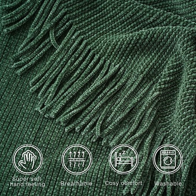 BATTILO HOME Dark Green Throw Blanket for Couch, Soft Chenille Knit Throws with Tassels for Home Decor, Spring Green Throws for Couch Cover, 50"x60"