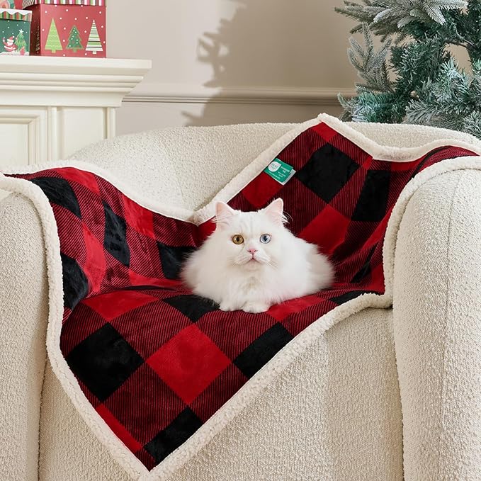 Qeils Dog Blankets for Small Dogs, Waterproof Dog Blanket Washable, Soft Sherpa Fleece Puppy Blanket for Kitten Doggy, Warm Cat Blankets for Indoor Cats, 30"X40", Red Christmas Checker