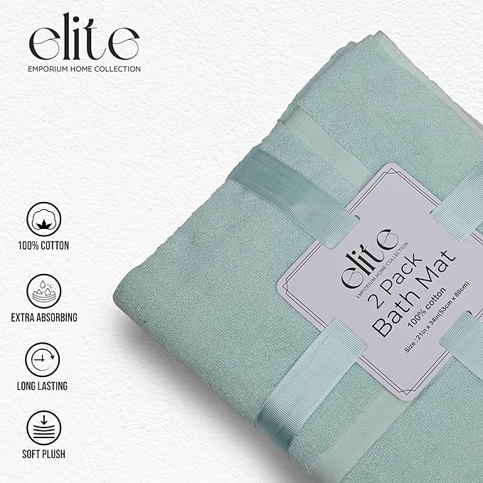 ELITE Emporium Home Collection 2-Piece Cotton Bathroom Mat Set, 21" x 34" - 100% Cotton, Absorbent, Quick-Dry, Bath Towel Mats for Floor, Cool Mint [Not a Bathroom Rug]