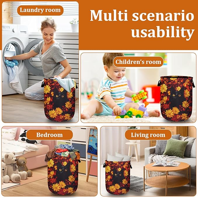 Black Cat in Flowers Laundry Basket with Sturdy Handles, Red Yellow Floral Collapsible Oxford Cloth Laundry Hamper Organizer Basket for Bathroom Bedroom 15.7x20 Inch