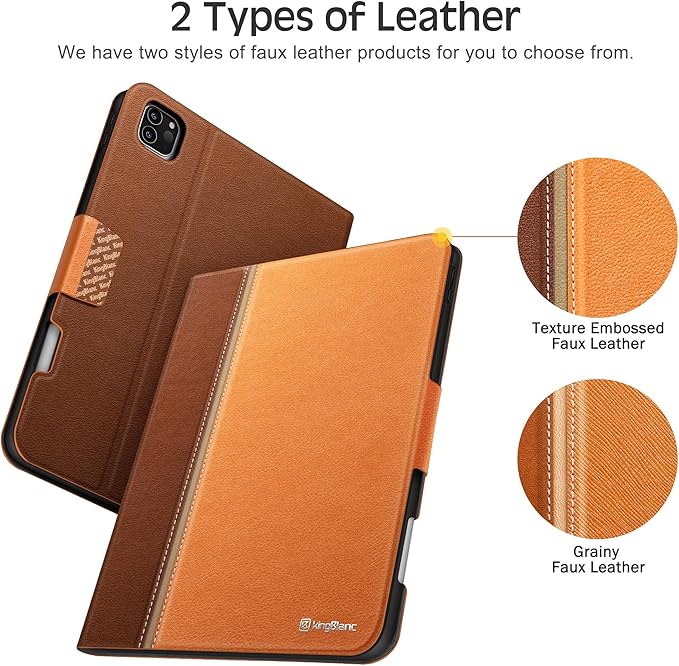 KingBlanc Case for iPad Pro 11-inch Case 4th/3rd/2nd Generation (2022/2021/2020) with Pencil Holder, Vegan Leather Bicolor Cover, Auto Sleep Wake, Apple Pencil 2. Charging, Orange Brown