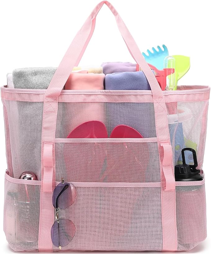 Fammart Mesh Beach Bag, Large Beach Tote Bags with Zipper, Toys Pool Bag for Family Travel Vacation Cruise Essentials
