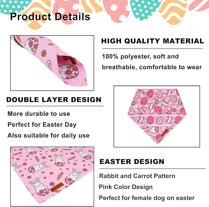 ADOGGYGO Easter Dog Bandana, Pink Bunny Scarf, Premium Durable Fabric, Adjustable Fit Female Pet Easter Bandanas for Small Dogs (Small)