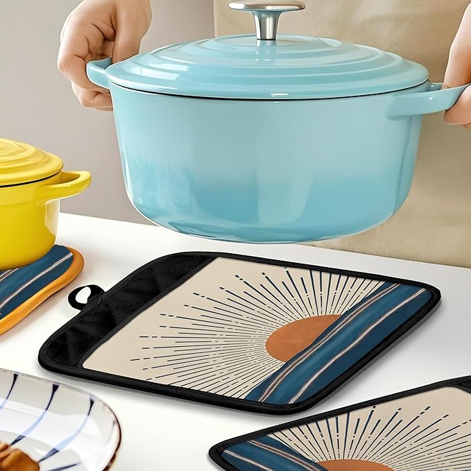 Vintage Boho Sun Sunshine Ocean Pot Holders for Kitchen, Sunshine Gifts, Retro Mid Century Coastal Beach Heat Resistant Hot Pads and Oven Mitts for Baking Cooking