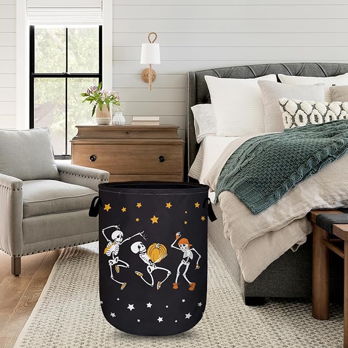 Dancing Skull Laundry Basket with Sturdy Handles, Halloween Funny Collapsible Oxford Cloth Laundry Hamper Organizer Basket for Bathroom Bedroom 15.7x20 Inch