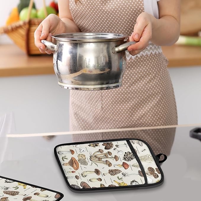 Mushroom Pot Holders with Pockets, Vintage Cottagecore Mushroom Oven Pot Holders Heat Resistant Oven Mitts Hot Pads for Kitchen Baking Cooking