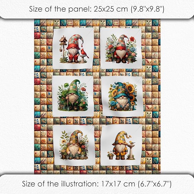 Gnome Patchwork Cotton Fabric Panel – 6 Designs 10×10 inch + Bonus Patchwork Sheet 29.5×19.6 inch, 100% Cotton 140 GSM, Eco-Printed Quilting & Sewing Fabric (USA Size)