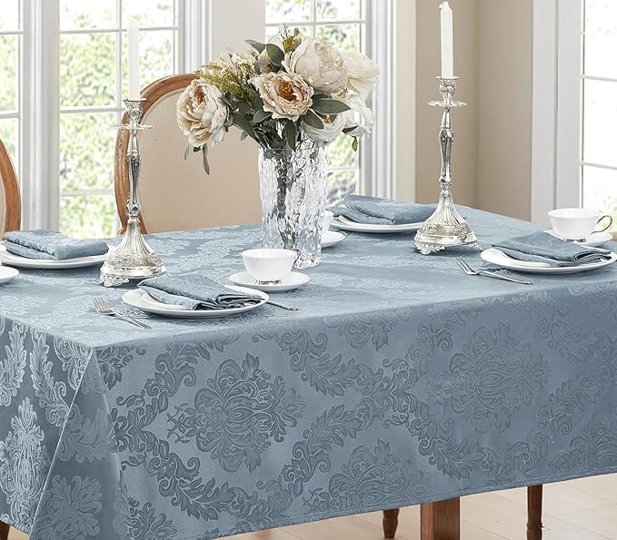 Newbridge Barcelona Damask Fabric Tablecloth, 52 x 70 Inch Rectangle, Blue – No Iron, Soil Resistant Table Cover for Dining, Parties and Holidays