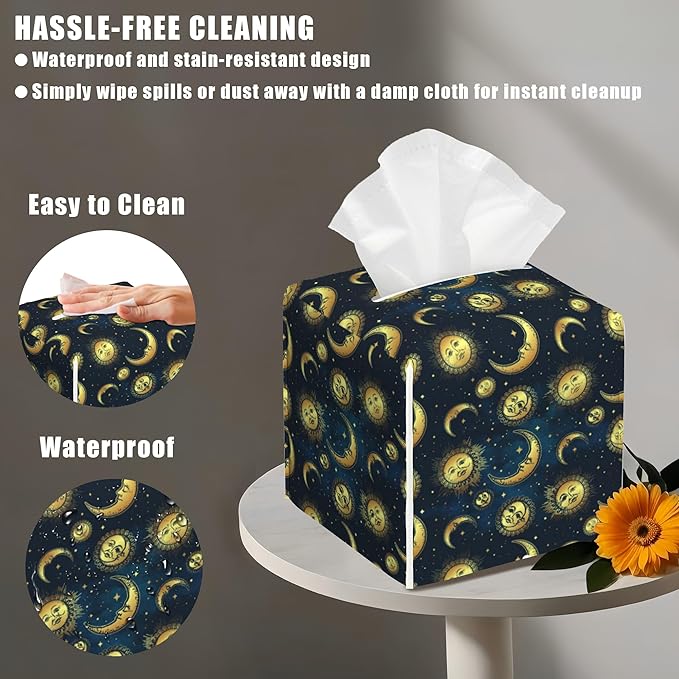 BLYKVGHQ Square Tissue Box Cover Sun Moon Stars Tissue Box Holder Facial Cube Paper Dispenser Leather Decorative Organizer Home Office Desk Decor, 5.2"x5.2"x5.2"