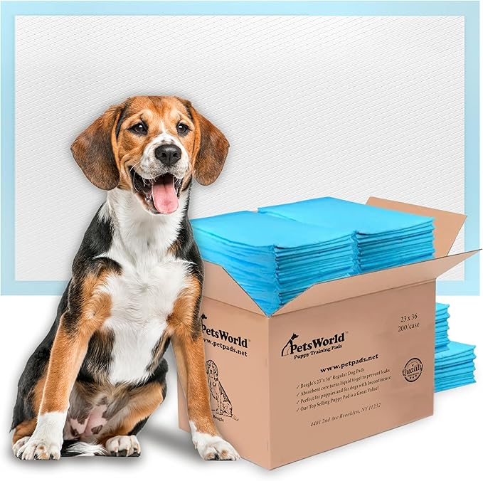 PETSWORLD Puppy Pads, 23x36 Inch, 200 Count - Puppy Pee Pads for Dogs, Tear Resistant, Economy Value, Super-Absorbent Polymer Gel Core, Perfect for Puppies, Smaller Dogs