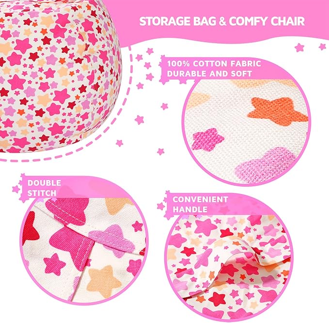 WEKAPO Stuffed Animal Storage Bean Bag Chair Cover for Kids | Stuffable Zipper Beanbag for Organizing Children Plush Toys Large Premium Cotton Canvas (Small Star, X-Large)