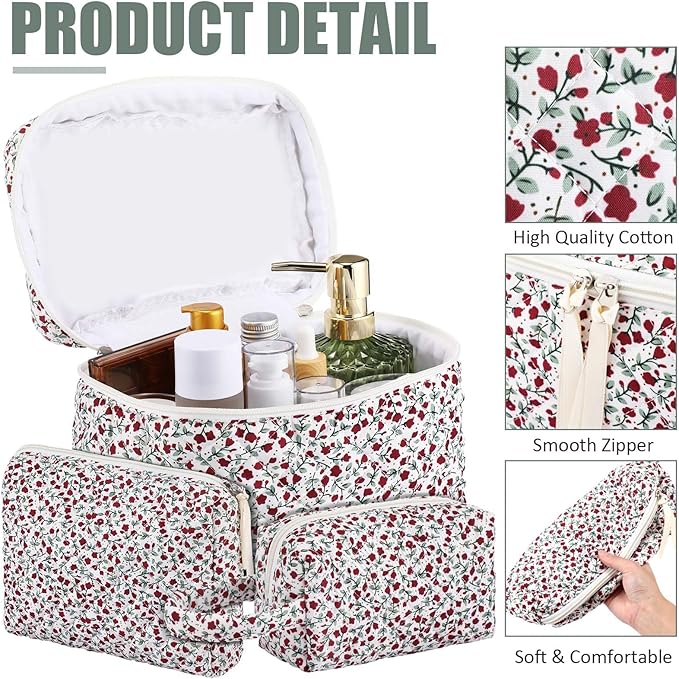 Paterr Makeup Bag Set 3 Pcs Large Quilted Cotton Make up Bags for Women Cosmetic Travel Toiletry Organizer Pouch Cute Aesthetic Storage Purse(Red,Red Floral)