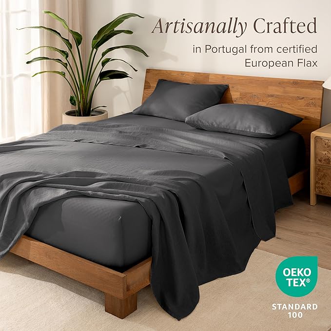 Bare Home Split King Sheet Set - Luxury 100% Linen Bed Sheets - Deep Pockets - Easy Fit - 5 Piece Set - Bedding Sheets & Pillowcases (Split King, Dark Grey)