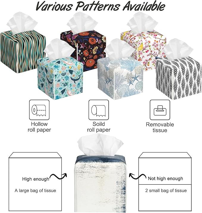 Abstract Blue and Grey Art Tissue Box Cover Square,Tissue Box Holder with Belt Bottom,Stylish Leather Napkin Holder for Vanity Countertop,Nightstands,Office Desk,5.2"×5.2"×5.2"