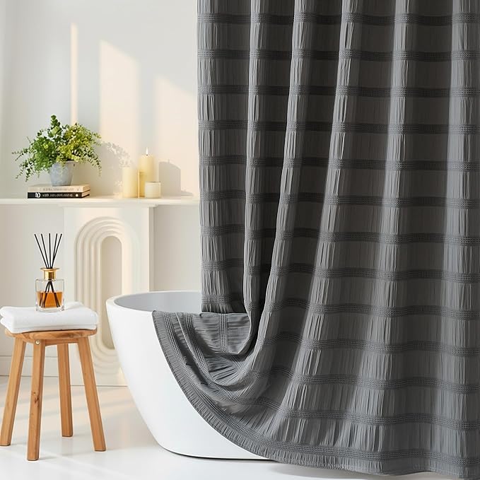 Lameirose Extra Long Grey Shower Curtain Farmhouse,72 x 96 Cotton Blend Waffle Tufted Striped Chic Textured Fabric Shower Curtain for Bathroom, Hotel