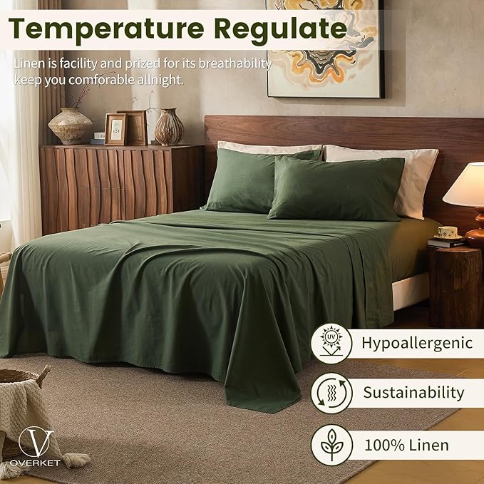 100% Linen Sheets Queen Size,Breathable & Durable 4-Piece Bed Flax Sheet Set,Soft All-Season Bedding for Hot Sleepers 16" Deep Pocket Oeko-TEX Certified,（Queen, Forest Green）