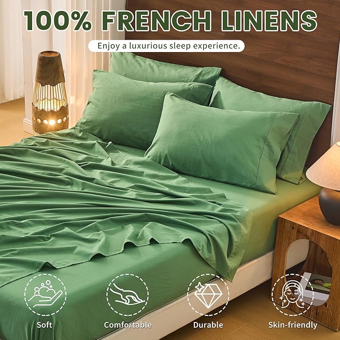 Bedlifes 100% French Pure Linen Sheets Queen Size Breathable and Cooling Flax Sheet Set Soft Durable and Moisture Wicking 16 Inch Deep Pocket-4 Piece(Queen,Sage Green)