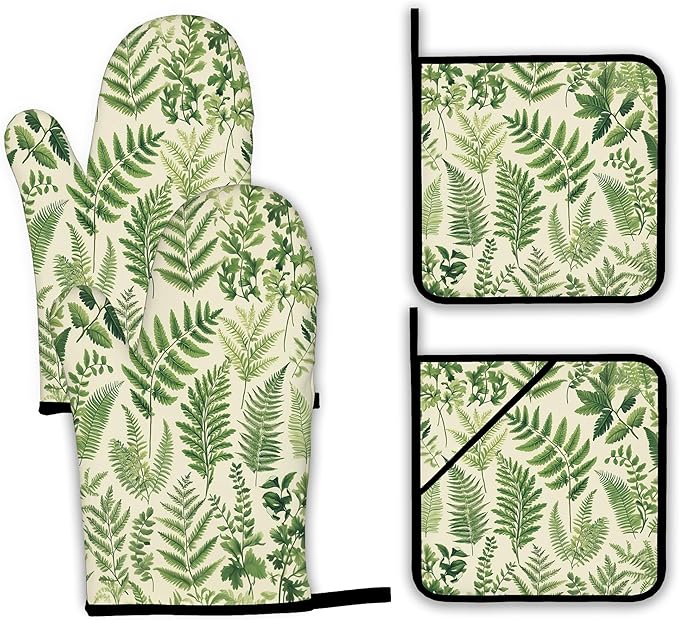Fern Herbs Oven Mitts and Pot Holders Set,Botanical Floral Leaf Kitchen Decor Heat Resistant Non Slip Hot Pads and Oven Mitt for Chef Cooking Baking BBQ Mom Girl Gifts(4 Piece Set)