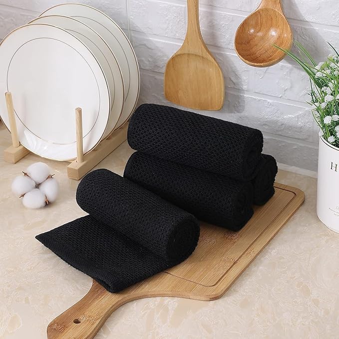 Kitinjoy 100% Cotton Waffle Weave Kitchen Towels, 12-Pack Super Soft and Absorbent Kitchen Dish Towels for Drying Dishes, Kitchen Hand Towels, 13 in x 28 in, Black