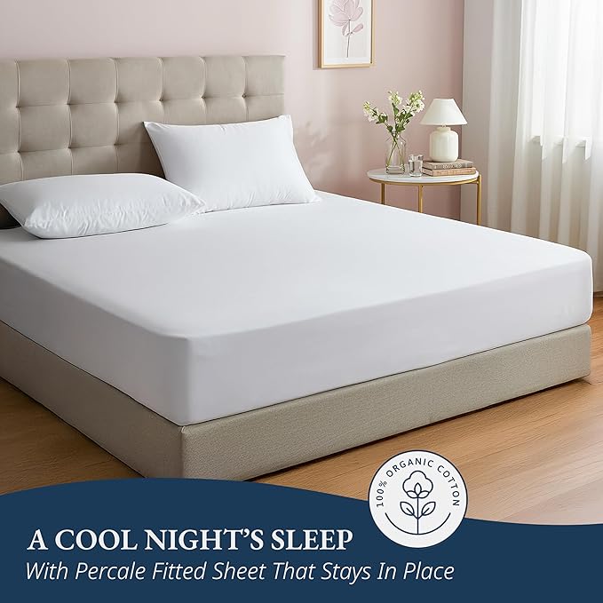 LANE LINEN Twin XL Fitted Sheet, 100% Organic Cotton 2-Piece Set (1 Fitted Sheet, 1 Pillowcase), Percale Weave, Lightweight, Soft, Breathable, Fits Mattress Upto 15" Deep - White(No Flat Sheet)