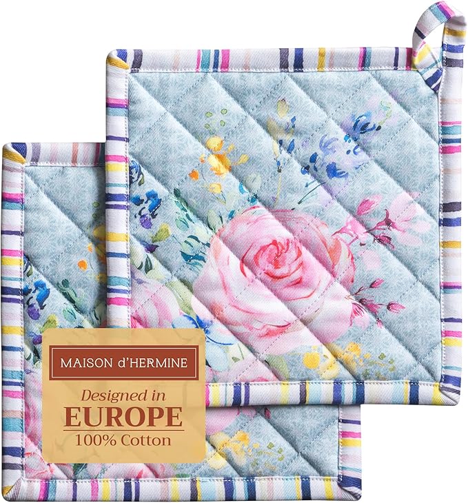 Maison d' Hermine Pot Holders Set 100% Cotton Heat Resistant Potholders 8" x 8" Hot Pads with Loop Cooking, Grilling, Kitchen, Handling Hot Pans Spring/Summer (Pack of 2, Sweet Rose Lavender - Lush)